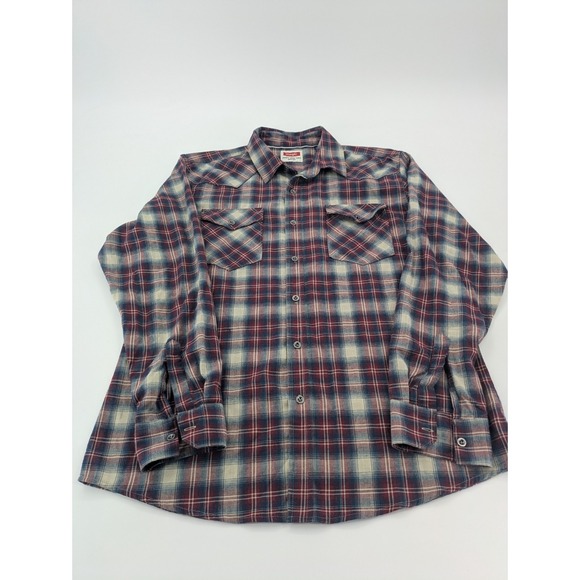 Wrangler Flannel Shirt Mens L Red Blue Plaid Metal Button Up Cowboy‎ Rodeo - Picture 1 of 9